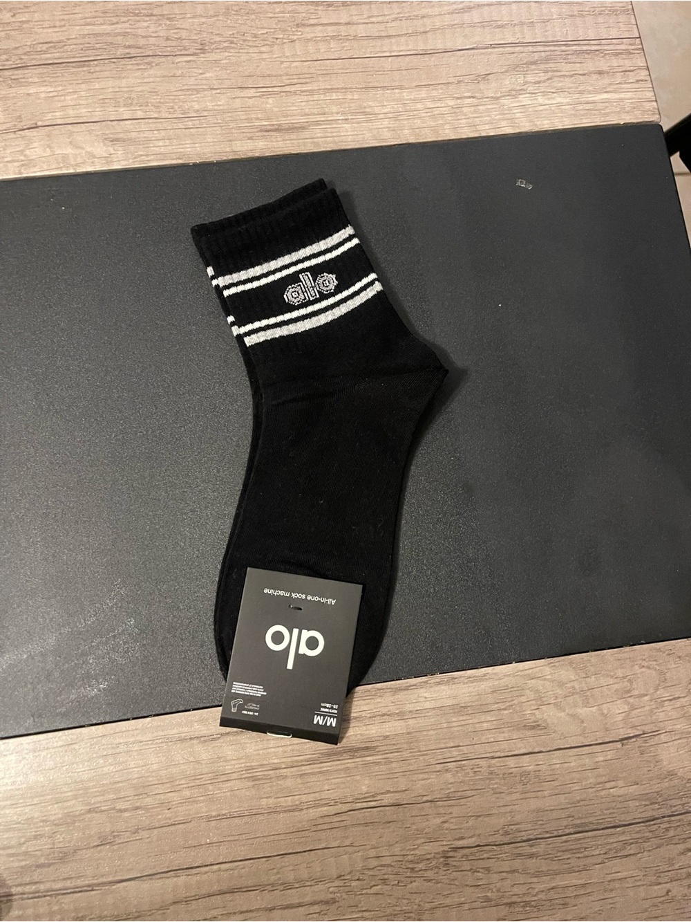 ALO Yoga Black Crew Athletic Socks with White Stripes